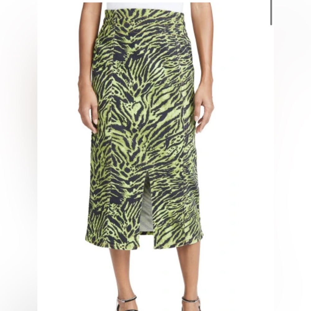 Ganni stretch denim lime green tiger print skirt Sz 34